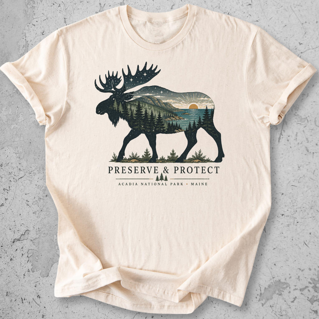 Acadia National Park moose Preserve Protect t-shirt Ivory Maine coastal landscape silhouette graphic tee