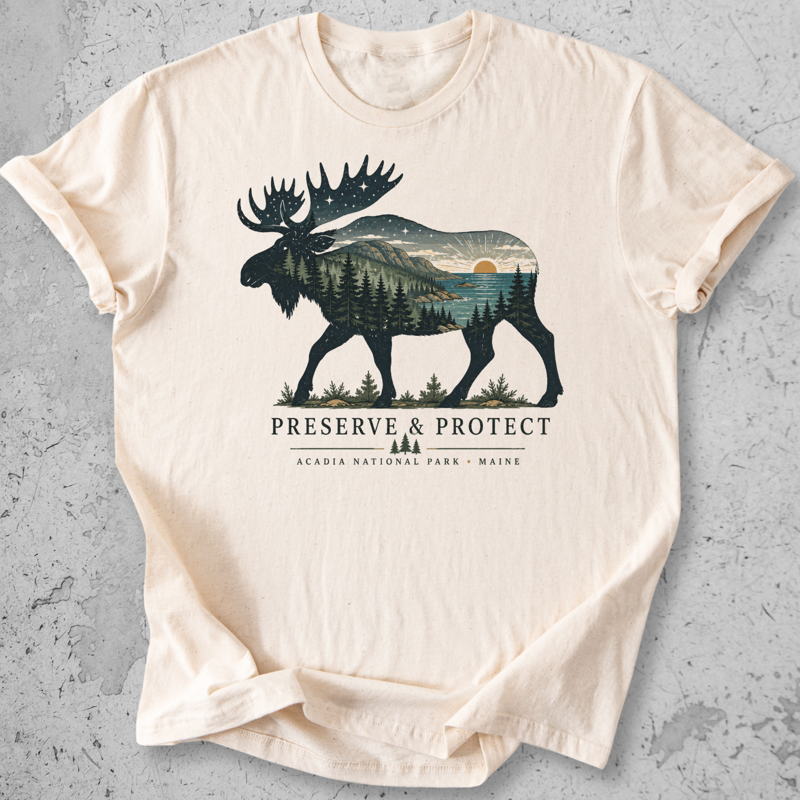 Acadia National Park moose Preserve Protect t-shirt Ivory Maine coastal landscape silhouette graphic tee