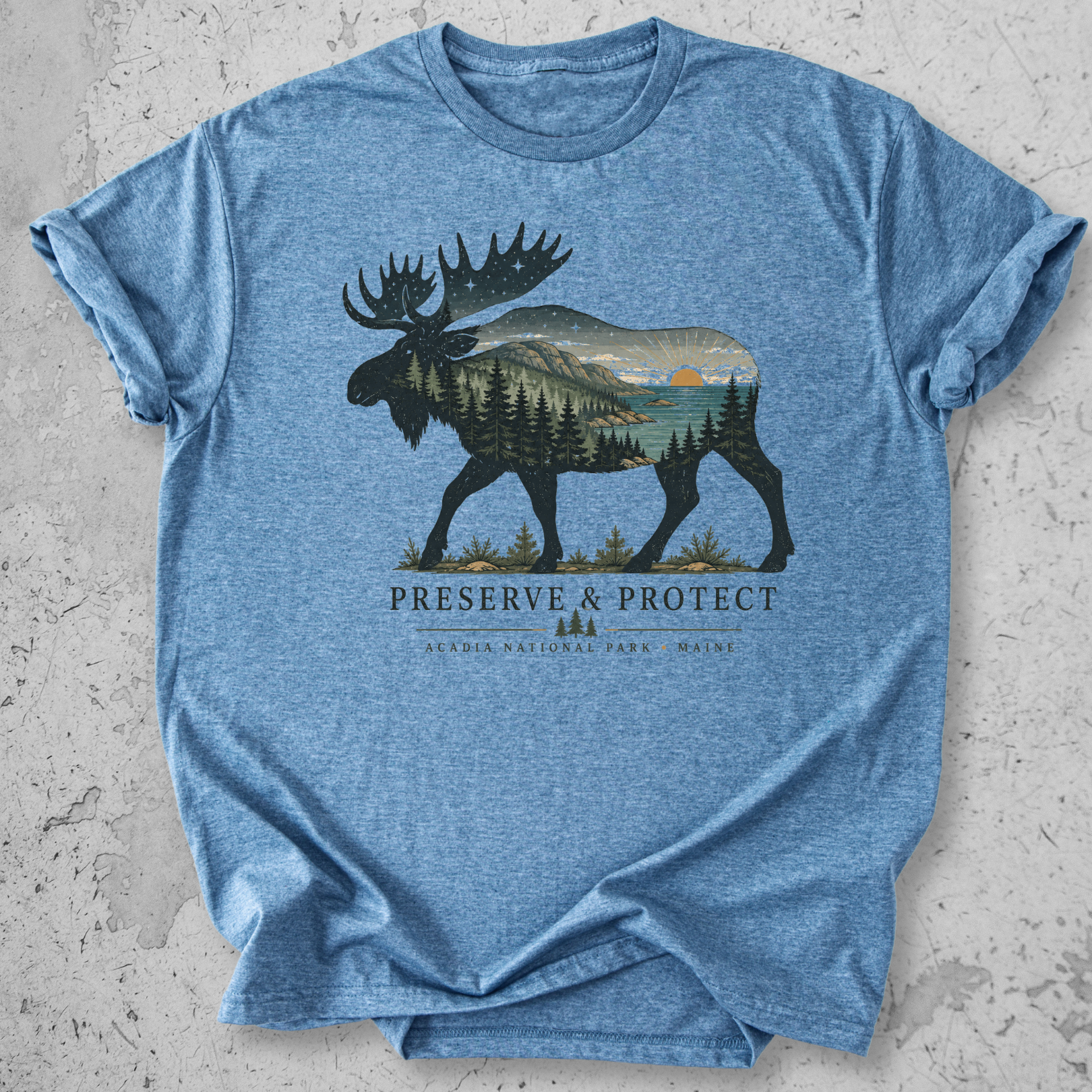Acadia National Park moose Preserve Protect t-shirt Blue 