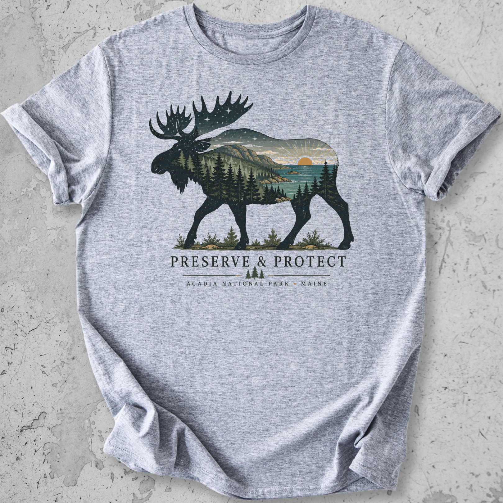 Acadia National Park moose Preserve Protect t-shirt grey Maine coastal landscape silhouette graphic tee