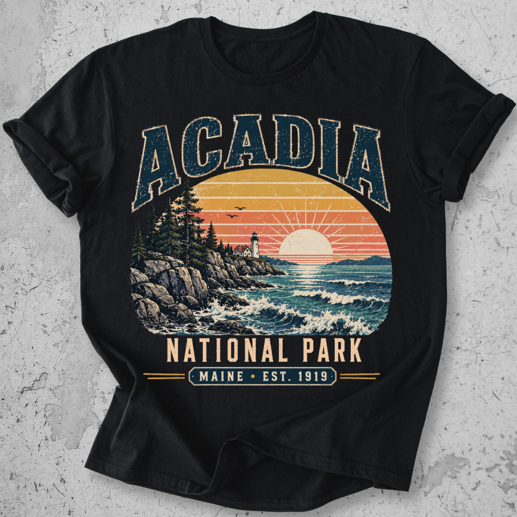 Acadia National Park t-shirt  Black lighthouse coastal sunset Maine Est 1919 graphic tee