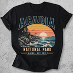 Acadia National Park t-shirt  Black lighthouse coastal sunset Maine Est 1919 graphic tee