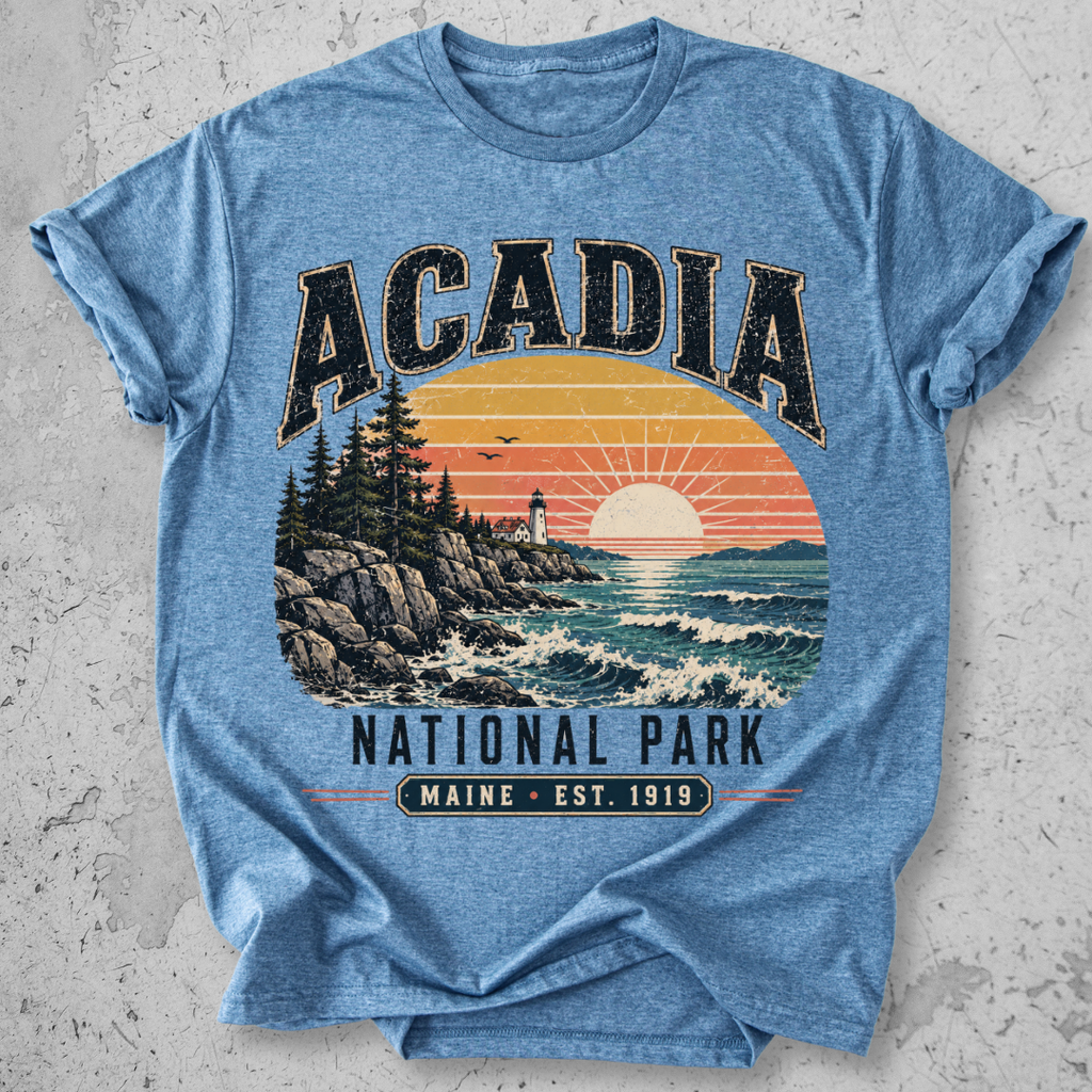 Acadia National Park t-shirt  Blue lighthouse coastal sunset Maine Est 1919 graphic tee