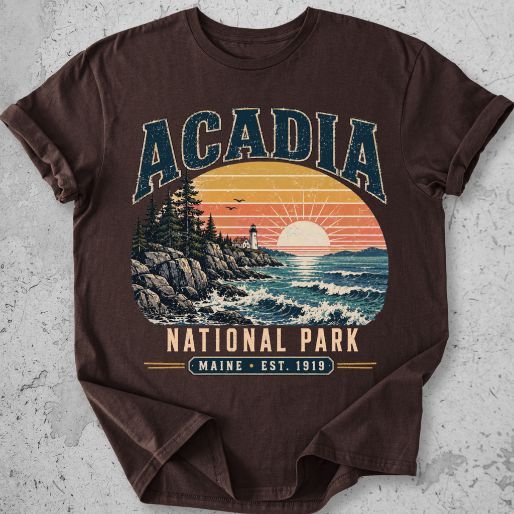 Acadia National Park t-shirt Expresso lighthouse coastal sunset Maine Est 1919 graphic tee