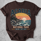 Acadia National Park t-shirt Expresso lighthouse coastal sunset Maine Est 1919 graphic tee