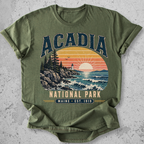 Acadia National Park t-shirt  Green lighthouse coastal sunset Maine Est 1919 graphic tee