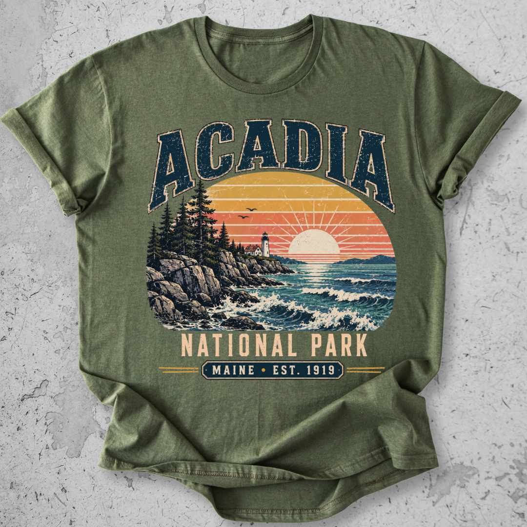 Acadia National Park t-shirt  Green lighthouse coastal sunset Maine Est 1919 graphic tee