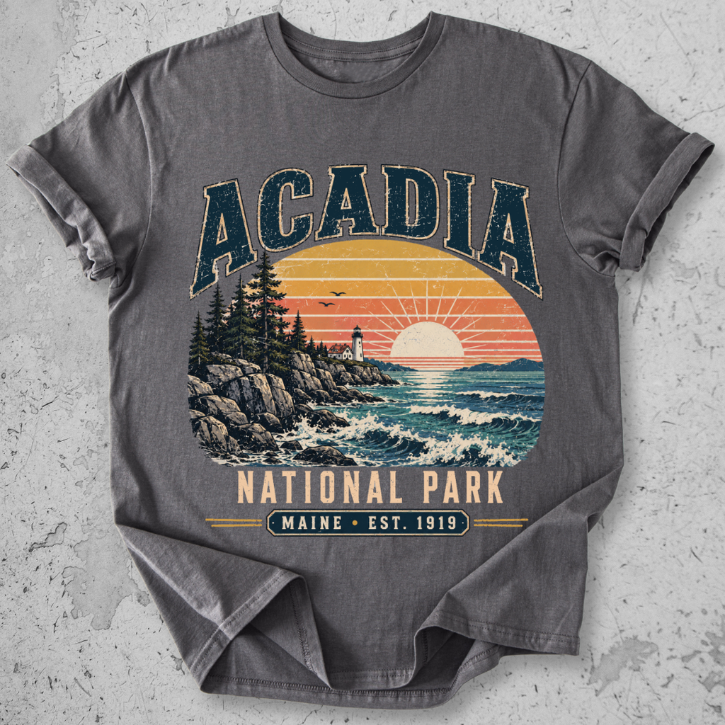 Acadia National Park t-shirt Grey lighthouse coastal sunset Maine Est 1919 graphic tee