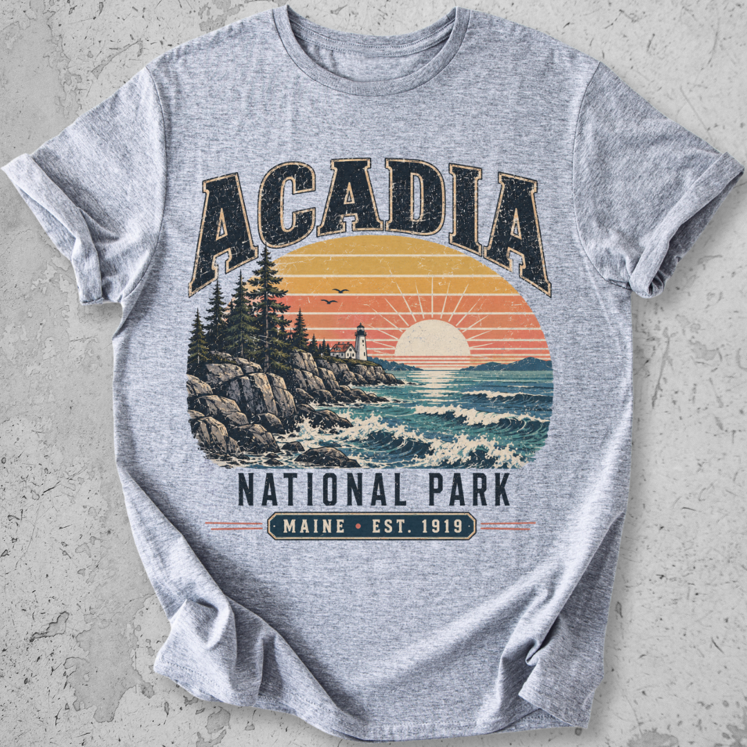Acadia National Park t-shirt Light Grey lighthouse coastal sunset Maine Est 1919 graphic tee