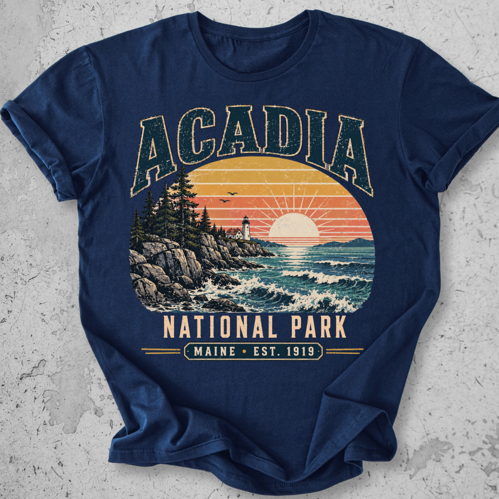 Acadia National Park t-shirt Navy lighthouse coastal sunset Maine Est 1919 graphic tee
