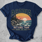 Acadia National Park t-shirt Navy lighthouse coastal sunset Maine Est 1919 graphic tee