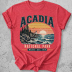 Acadia National Park t-shirt  Red lighthouse coastal sunset Maine Est 1919 graphic tee