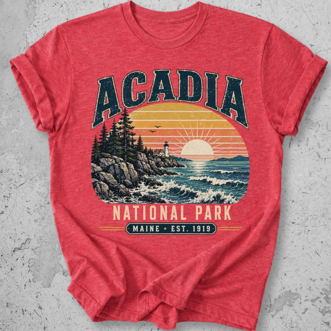 Acadia National Park t-shirt  Red lighthouse coastal sunset Maine Est 1919 graphic tee