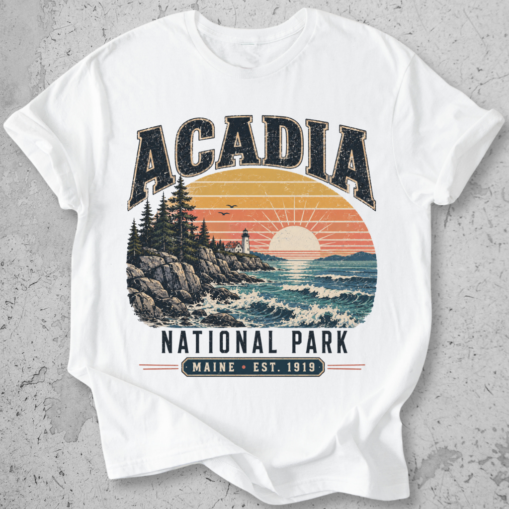 Acadia National Park t-shirt  White lighthouse coastal sunset Maine Est 1919 graphic tee
