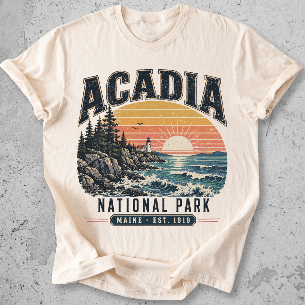Acadia National Park t-shirt cream lighthouse coastal sunset Maine Est 1919 graphic tee