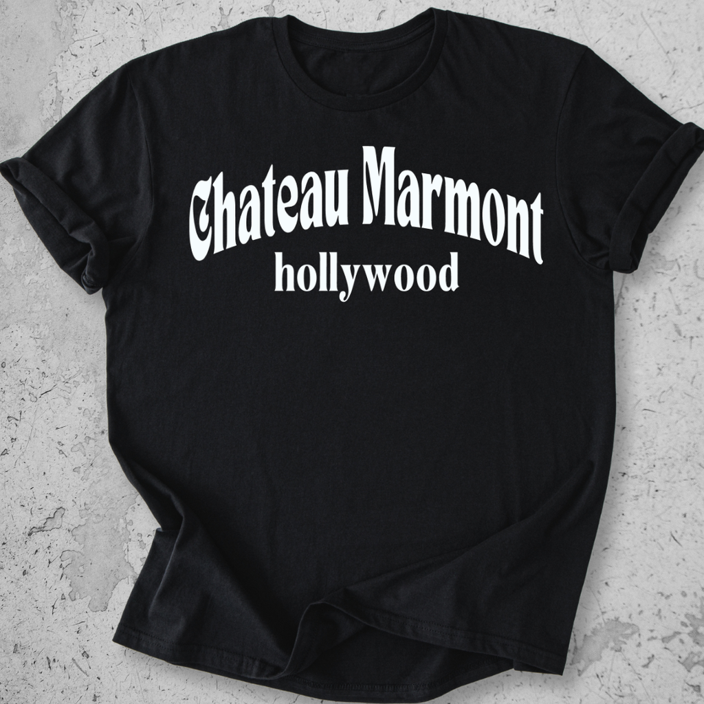 Chateau Marmont Hollywood t-shirt Black gothic serif graphic tee LA