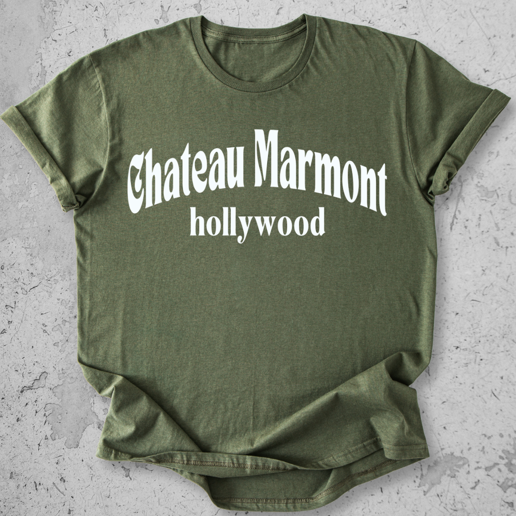 Chateau Marmont Hollywood t-shirt Millitary Green gothic serif graphic tee LA