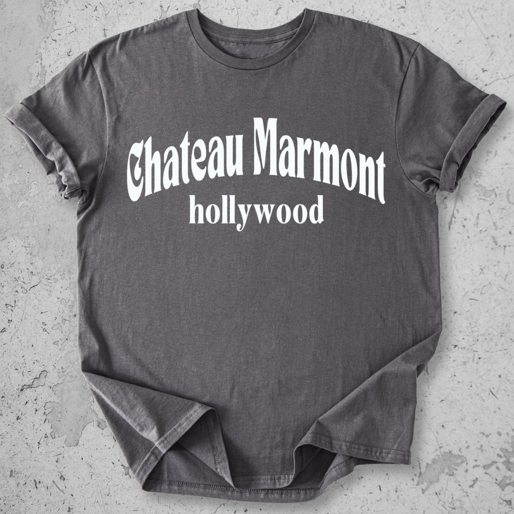 Chateau Marmont Hollywood t-shirt charcoal  gothic serif graphic tee LA