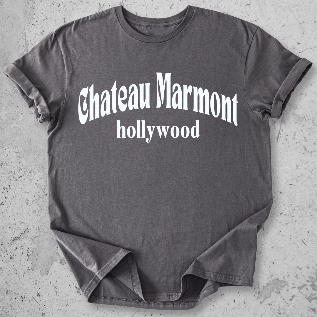 Chateau Marmont Hollywood t-shirt charcoal  gothic serif graphic tee LA