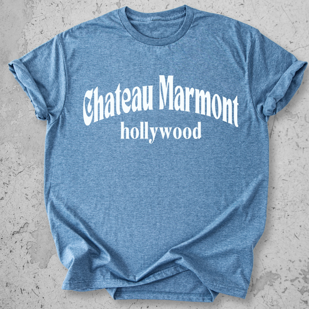 Chateau Marmont Hollywood t-shirt indigo blue  gothic serif graphic tee LA