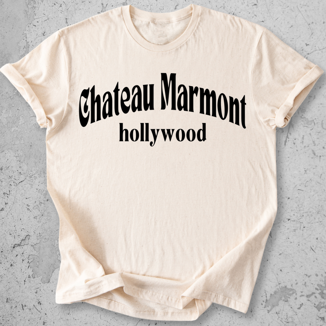 Chateau Marmont Hollywood t-shirt natural cream gothic serif graphic tee LA