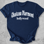 Chateau Marmont Hollywood t-shirt navy gothic serif graphic tee LA