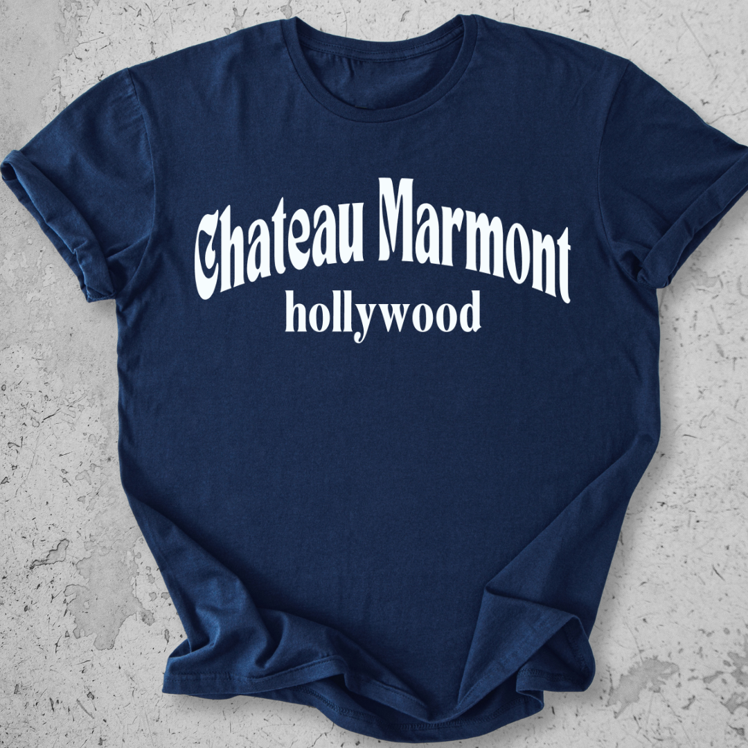 Chateau Marmont Hollywood t-shirt navy gothic serif graphic tee LA