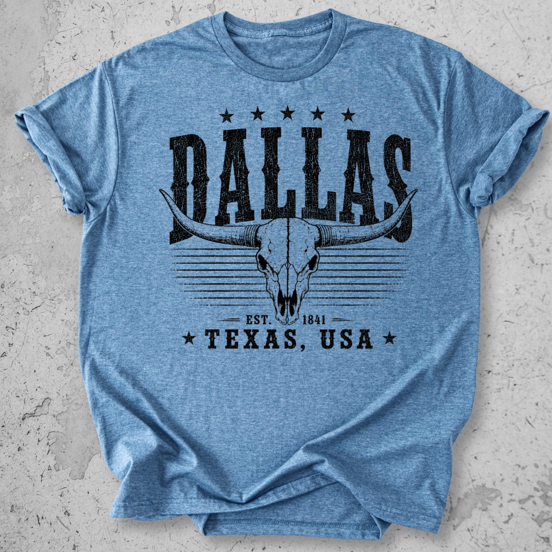 Dallas Texas t-shirt Blue  longhorn skull distressed graphic tee Est 1841