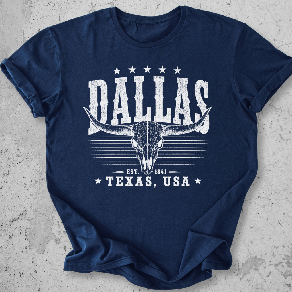 Dallas Texas t-shirt Navy longhorn skull distressed graphic tee Est 1841