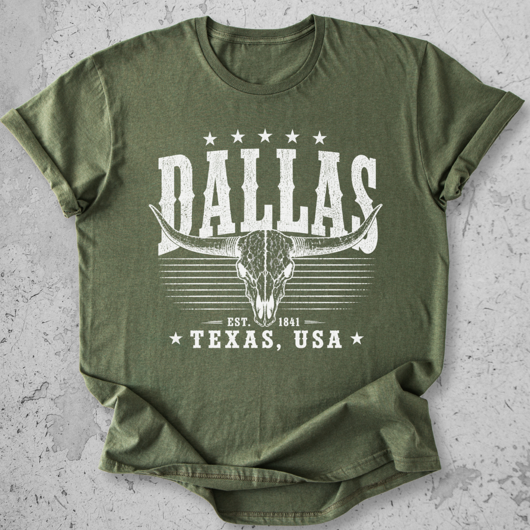 Dallas Texas t-shirt Green longhorn skull distressed graphic tee Est 1841