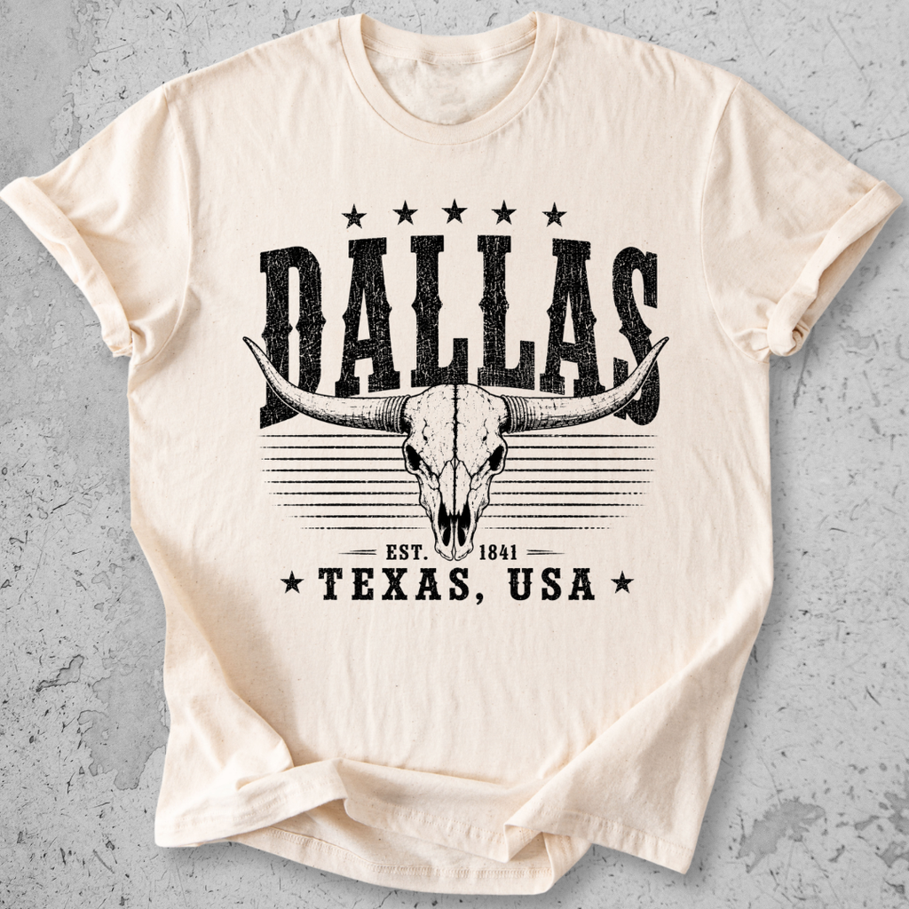 Dallas Texas t-shirt Natural  longhorn skull distressed graphic tee Est 1841