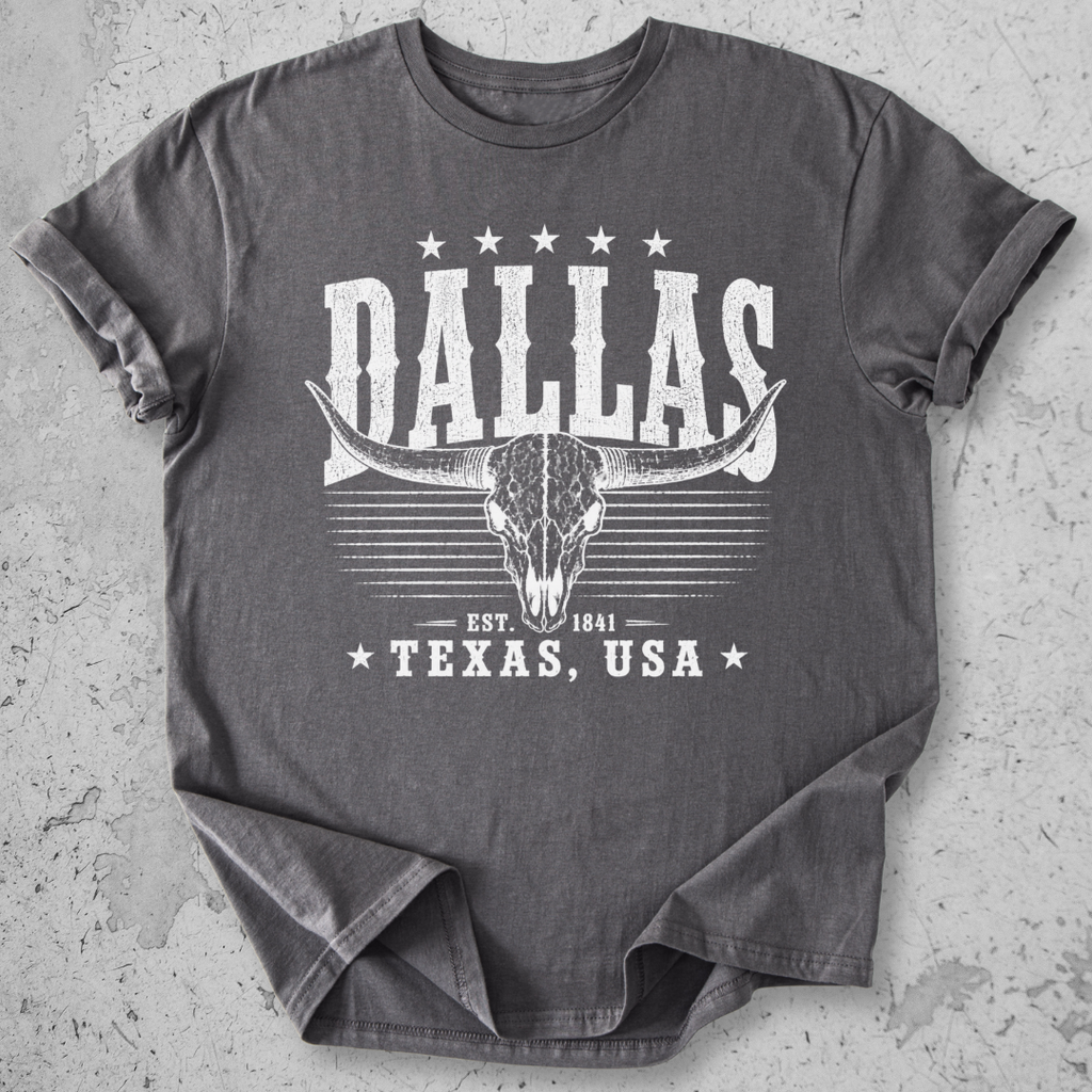Dallas Texas t-shirt charcoal longhorn skull distressed graphic tee Est 1841