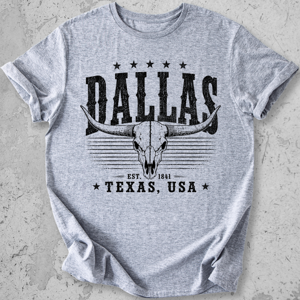 Dallas Texas t-shirt light grey longhorn skull distressed graphic tee