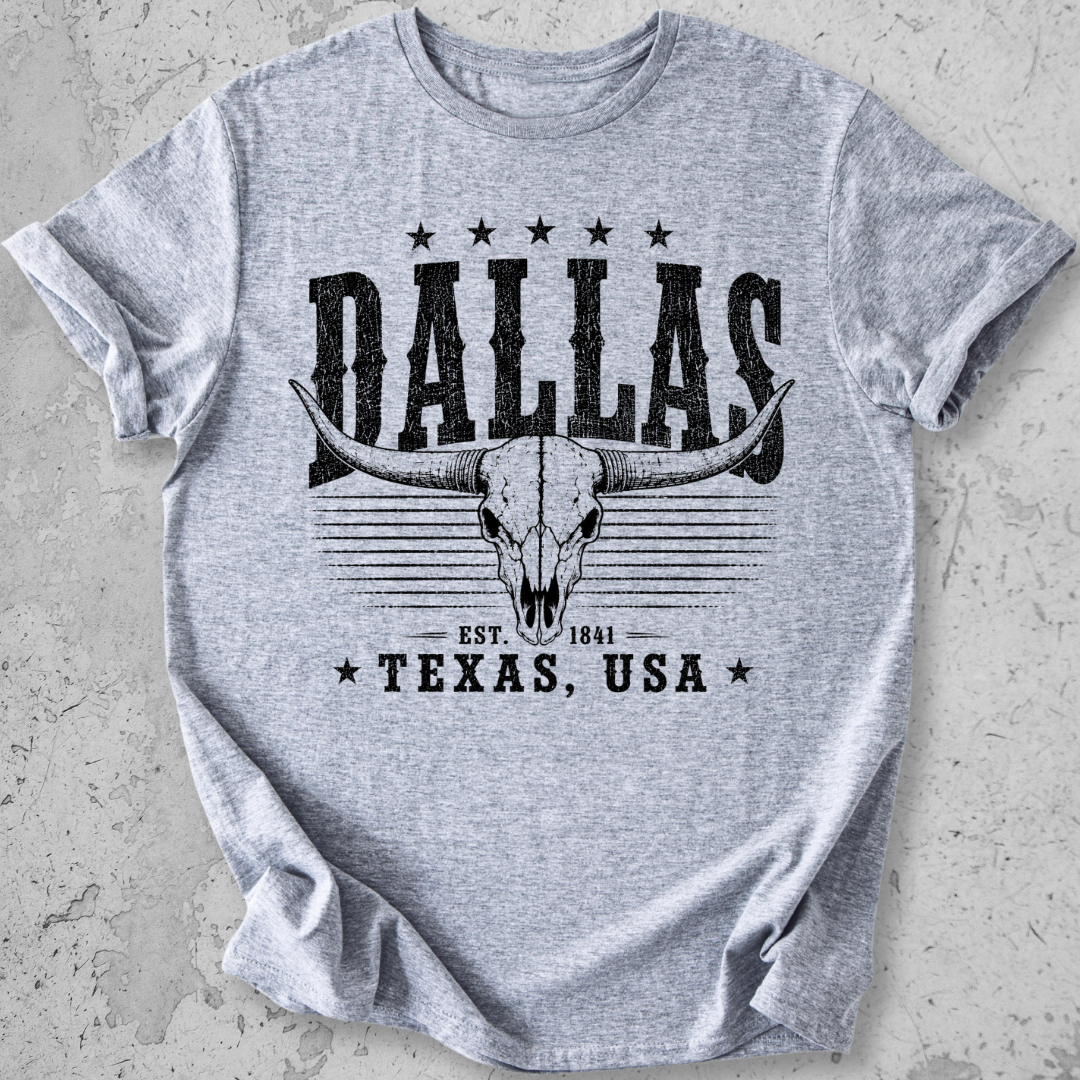 Dallas Texas t-shirt light grey longhorn skull distressed graphic tee