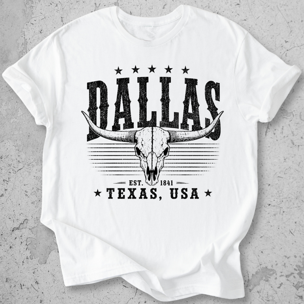 Dallas Texas t-shirt white longhorn skull distressed graphic tee Est 1841