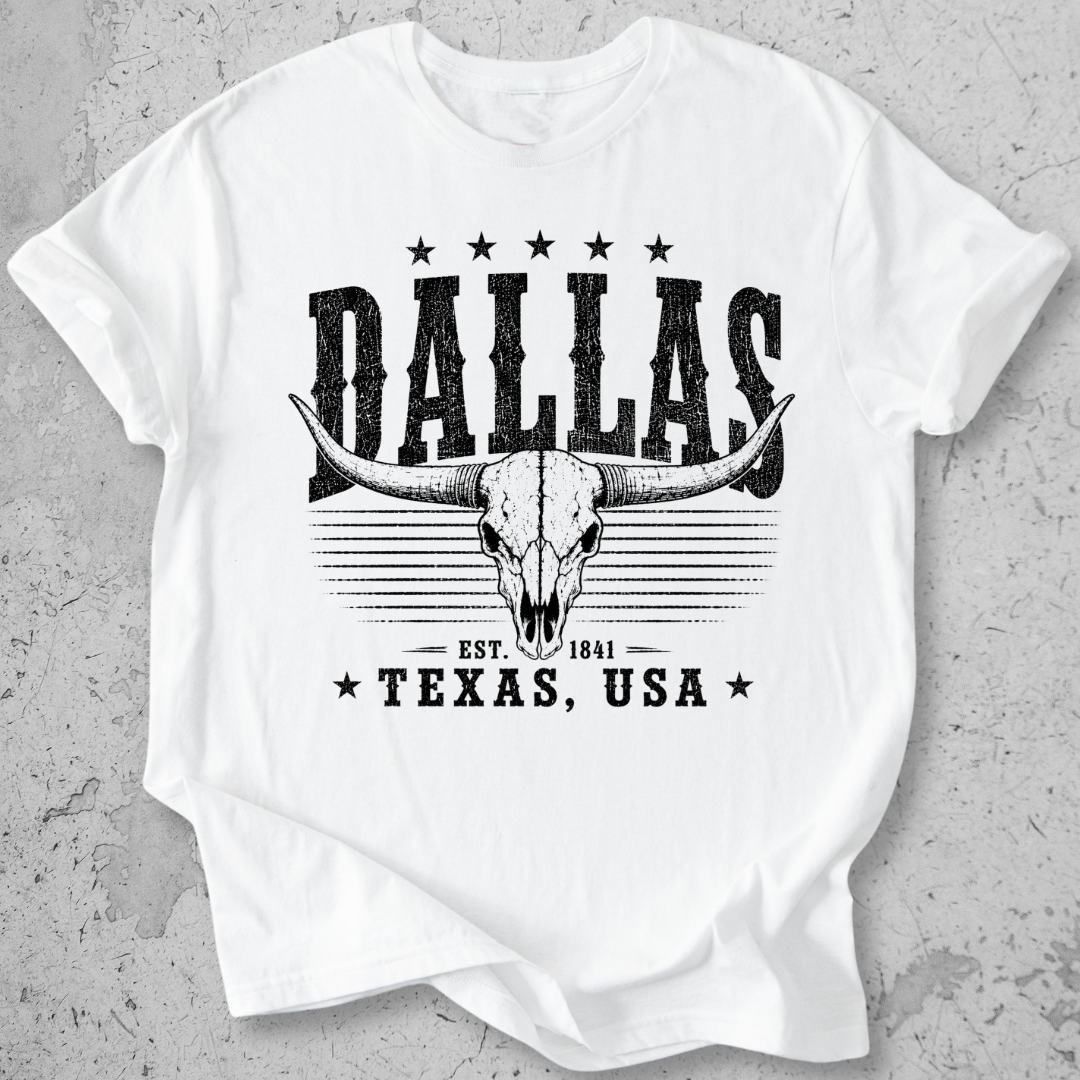 Dallas Texas t-shirt white longhorn skull distressed graphic tee Est 1841