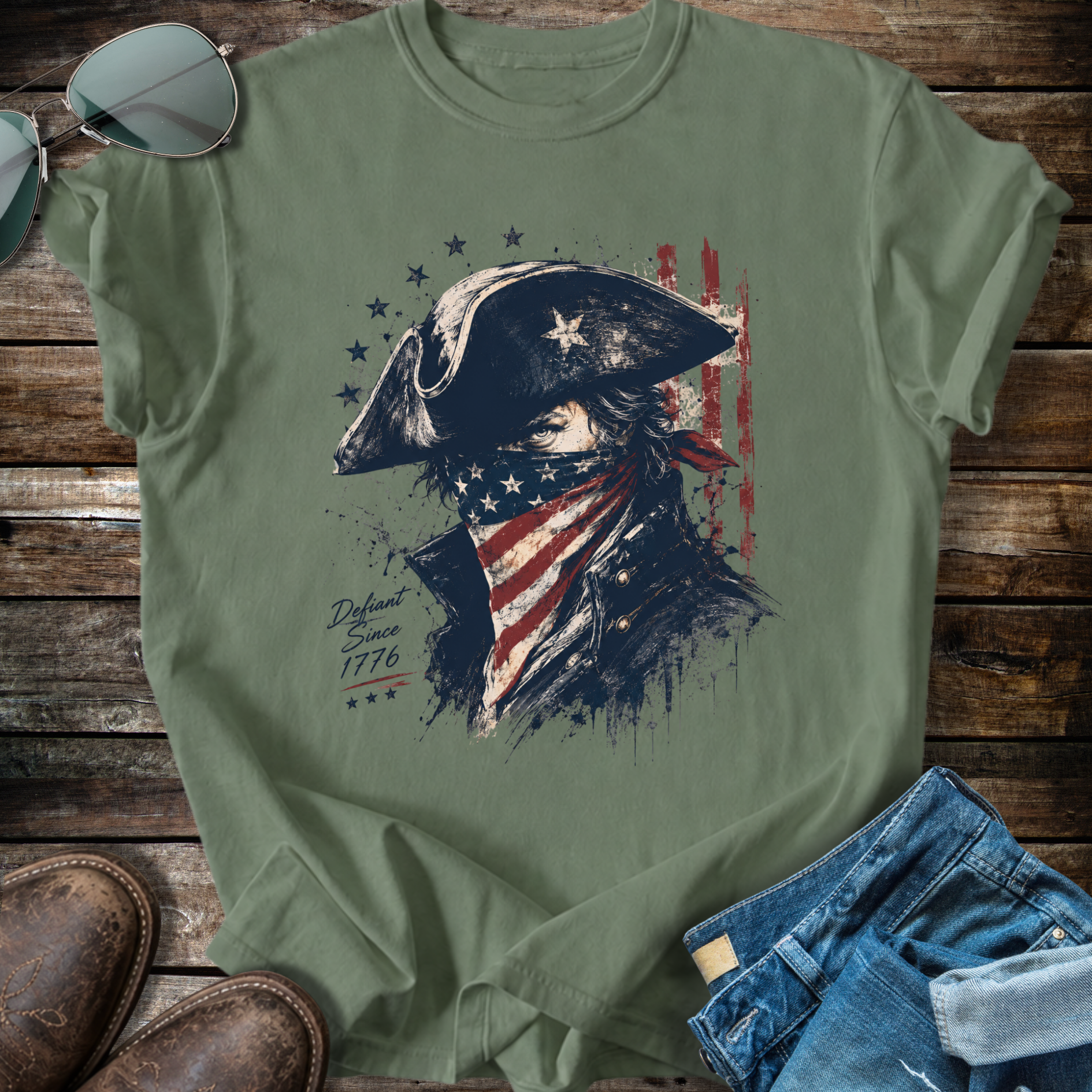 Defiant Since 1776 patriotic American t-shirt Revolutionary soldier distressed USA flag military green unisex Heritage Club