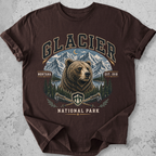 Glacier National Park bear collegiate t-shirt Expresso grizzly mountain hiking poles Montana Est 1910 graphic tee