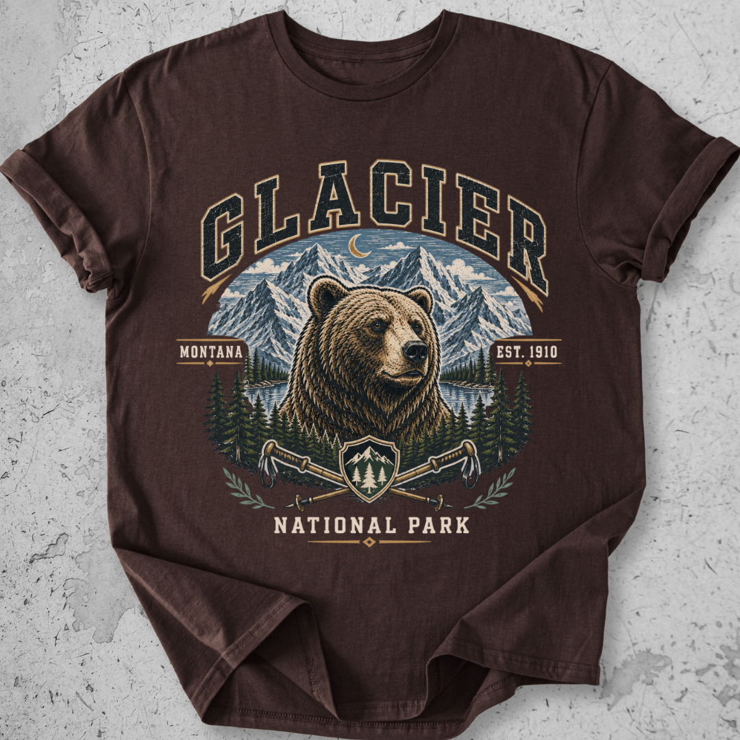 Glacier National Park bear collegiate t-shirt Expresso grizzly mountain hiking poles Montana Est 1910 graphic tee