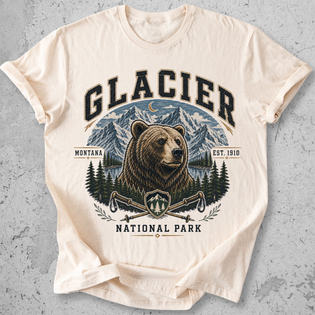 Glacier National Park bear collegiate t-shirt Ivory grizzly mountain hiking poles Montana Est 1910 graphic tee