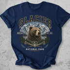Glacier National Park bear collegiate t-shirt Navy grizzly mountain hiking poles Montana Est 1910 graphic tee