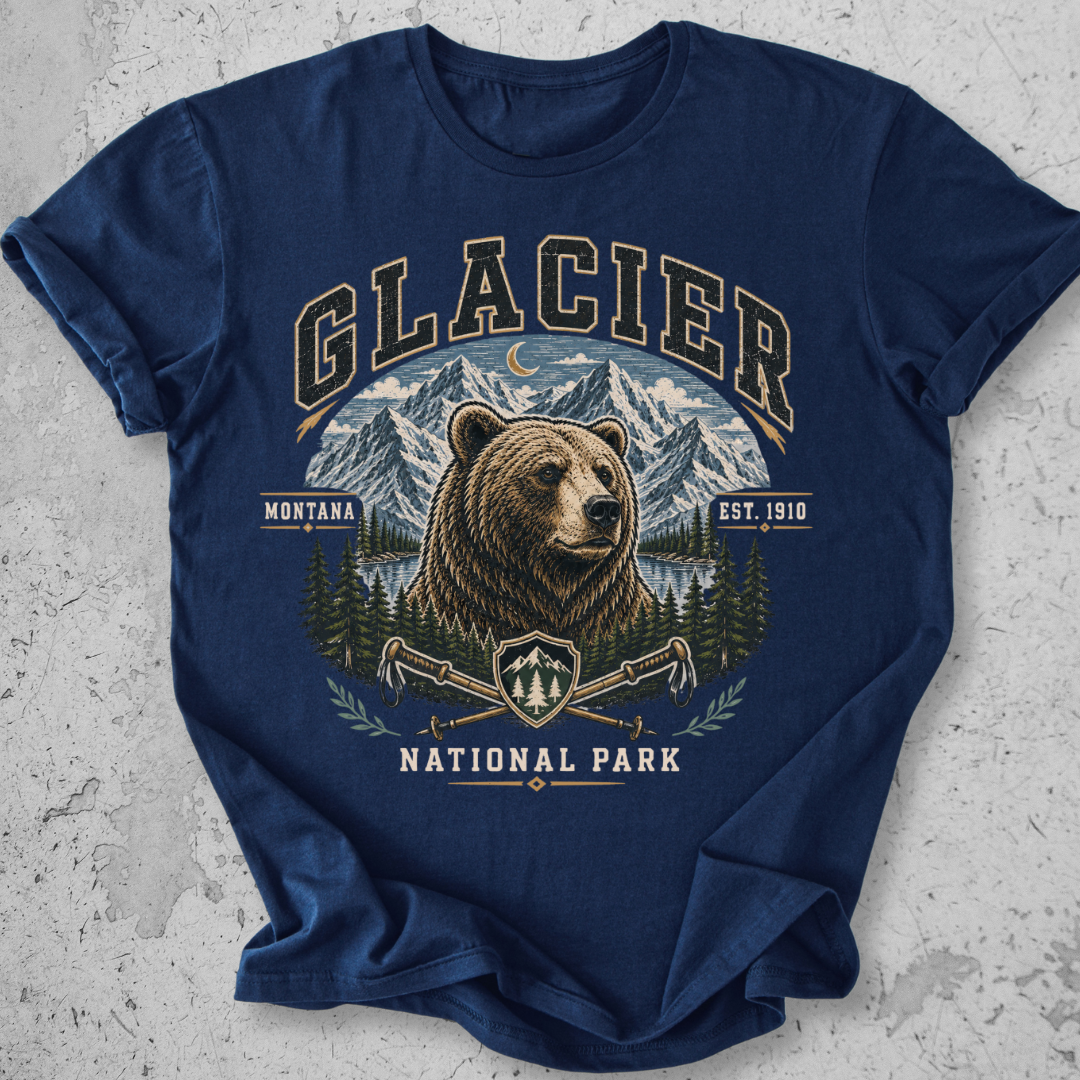 Glacier National Park bear collegiate t-shirt Navy grizzly mountain hiking poles Montana Est 1910 graphic tee
