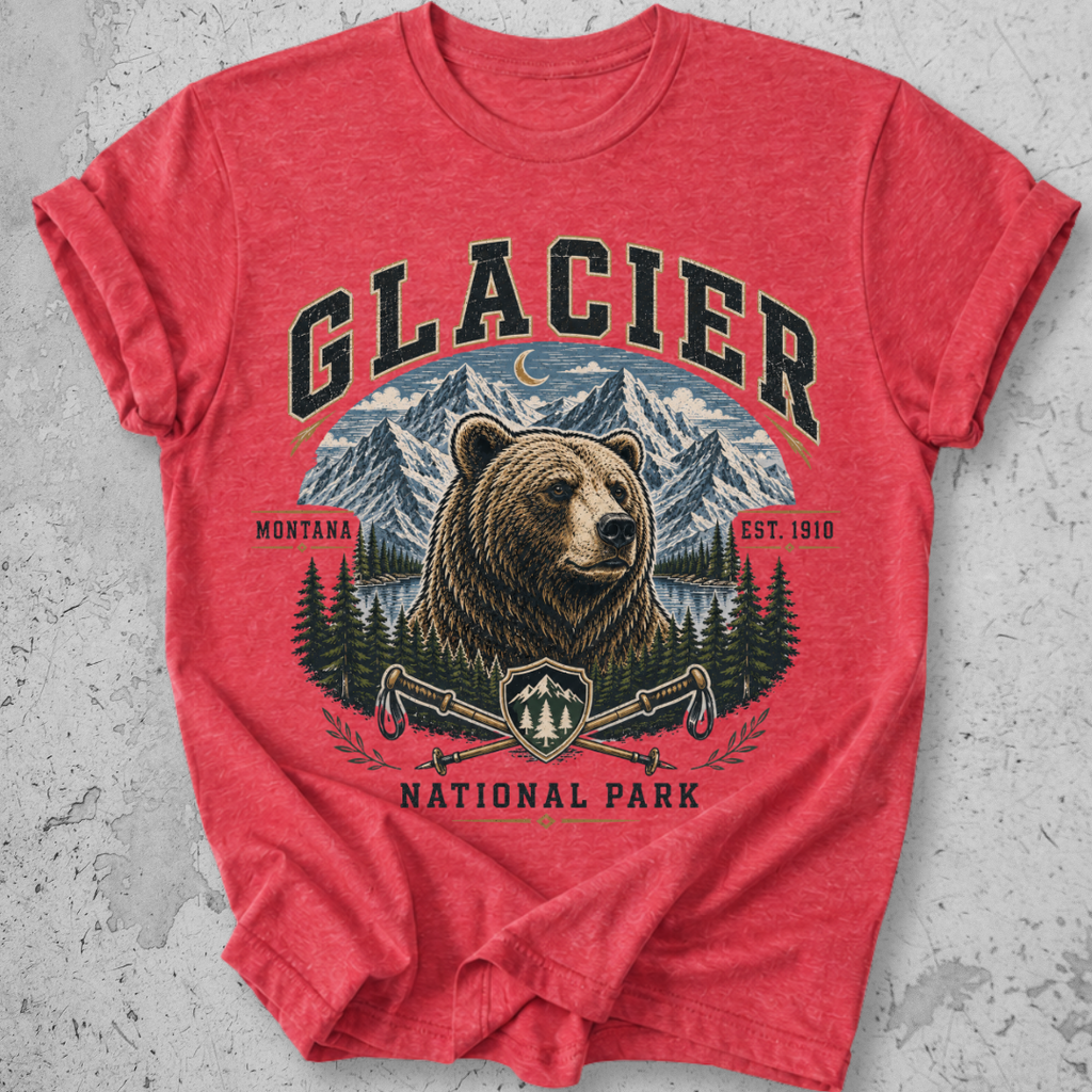 Glacier National Park bear collegiate t-shirt Red grizzly mountain hiking poles Montana Est 1910 graphic tee