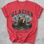 Glacier National Park bear collegiate t-shirt Red grizzly mountain hiking poles Montana Est 1910 graphic tee