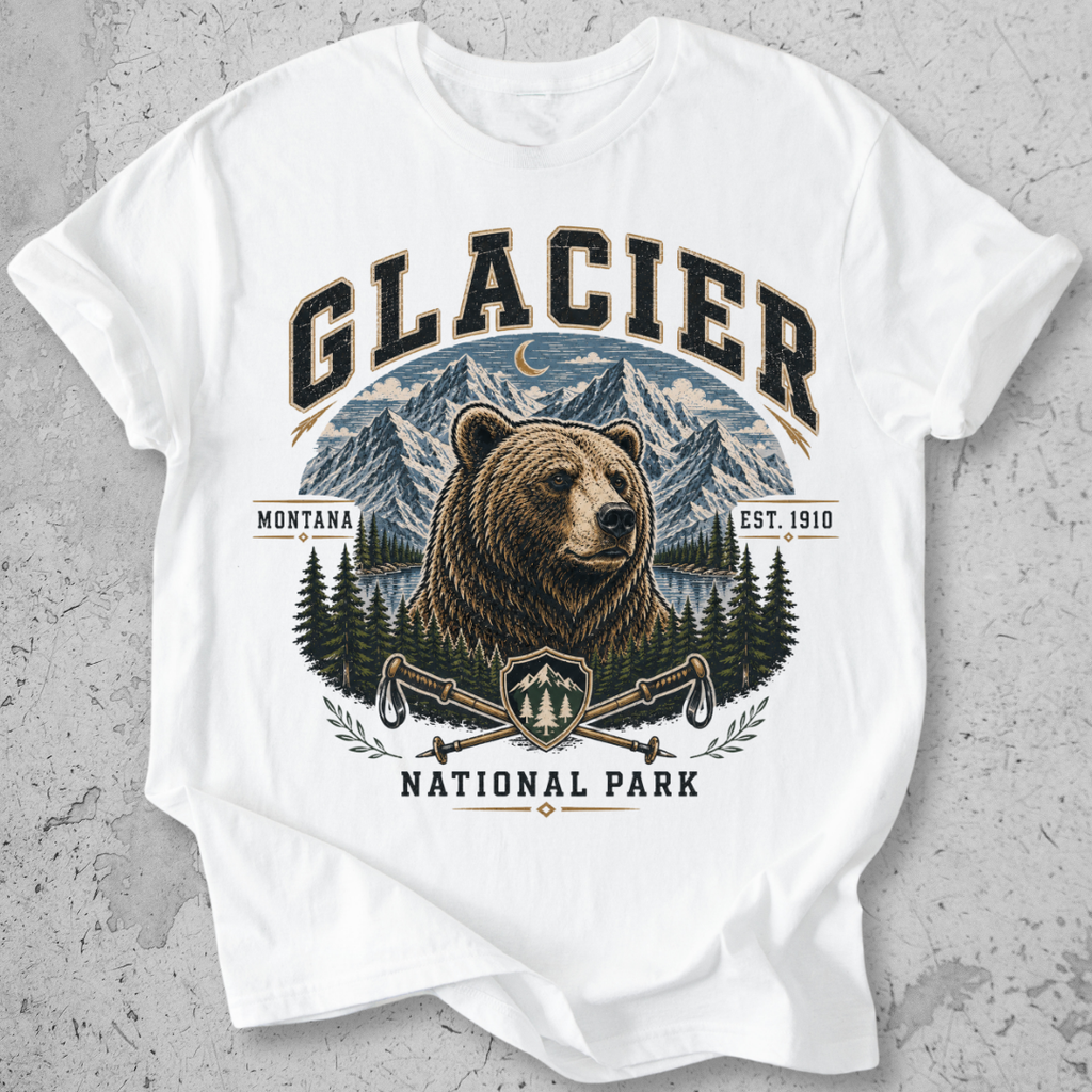 Glacier National Park bear collegiate t-shirt White grizzly mountain hiking poles Montana Est 1910 graphic tee
