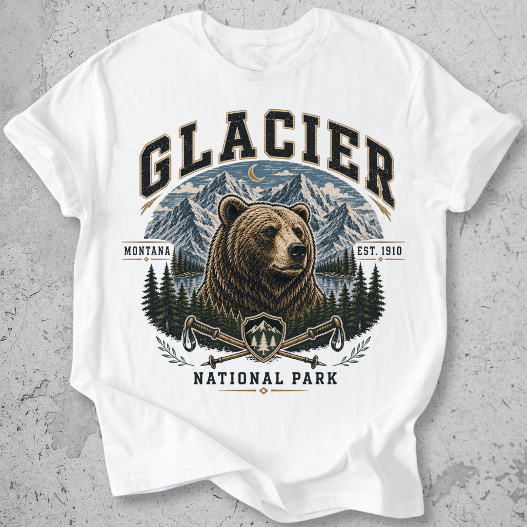 Glacier National Park bear collegiate t-shirt White grizzly mountain hiking poles Montana Est 1910 graphic tee