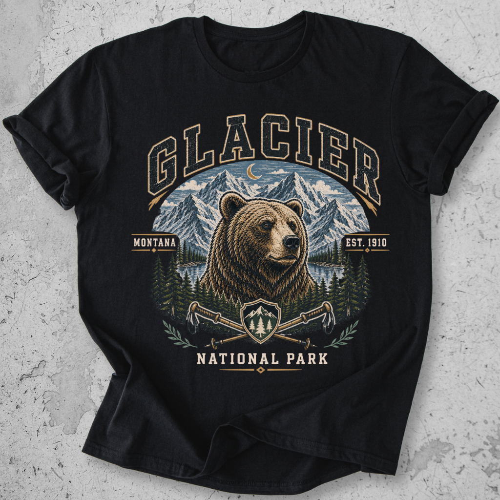 Glacier National Park bear collegiate t-shirt black grizzly mountain hiking poles Montana Est 1910 graphic tee