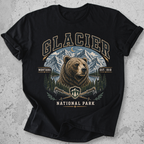 Glacier National Park bear collegiate t-shirt black grizzly mountain hiking poles Montana Est 1910 graphic tee