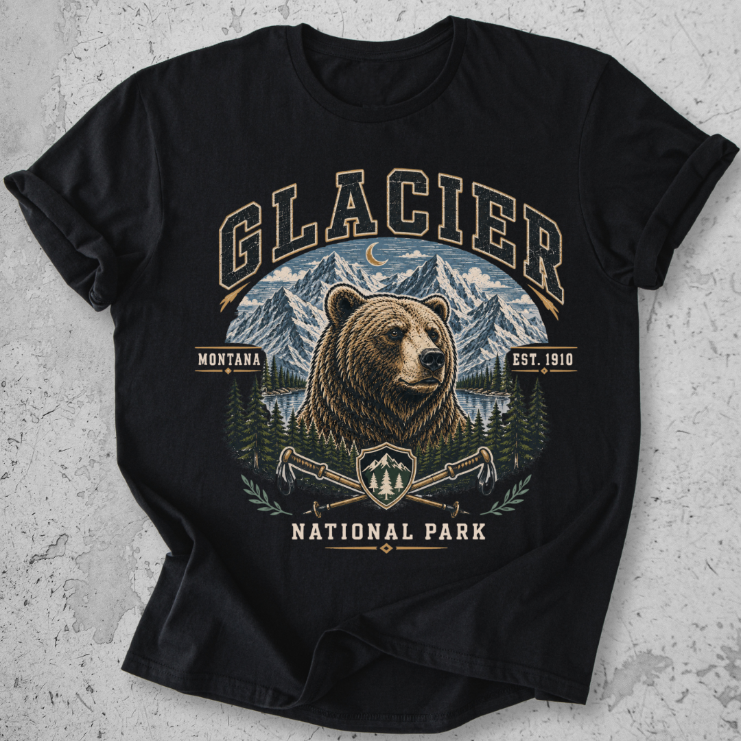 Glacier National Park bear collegiate t-shirt black grizzly mountain hiking poles Montana Est 1910 graphic tee