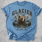 Glacier National Park bear collegiate t-shirt blue grizzly mountain hiking poles Montana Est 1910 graphic tee